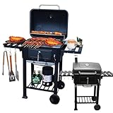 Fengzel Outdoor フタ付きバーベキューコンロ フルクローズ 保温網付き 焼き、燻製、蒸し3in1 8-12人用 折り畳みサイドテーブル付き キャスター追加 四角タイプ BBQ バーベキューグリル (黒(両面テーブル付き02#))