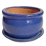 Glasiert TucanoHamburg Blumenkübel,Pflanzgefäß,Blumentopf, Modell Bamboo blau 21cm mit Teller
