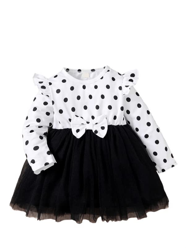 OMLI Baby Floral Print Ruffle Trim Bow Front Mesh Hem Dress Round Neck Button Closure Mini Dress/Frock/OnePice/Party Dress for Baby Girls