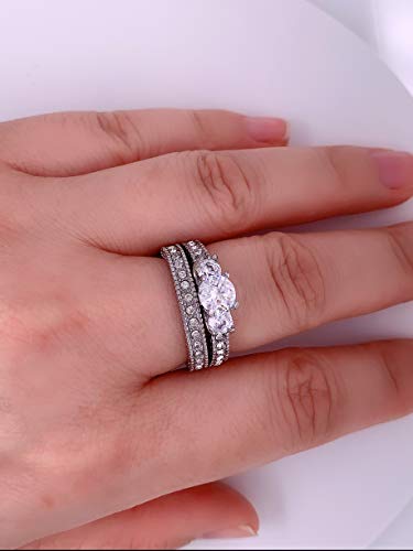 Flamereflection Wedding Ring Set Round Shape Cubic Zirconia Stainless Steel Women 3 Stones Size 6 #TOP5