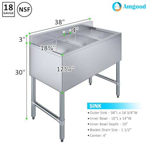 Image of AmGood One Compartment Stainless Steel Under bar Sink (Sink Size: 38 inchx19 inch, Three Bowl)