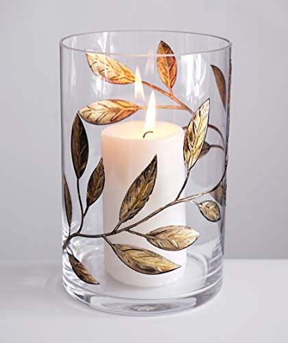 Decorative Hurricane Candleholder with Etched Painted Leaves - Elegant Home