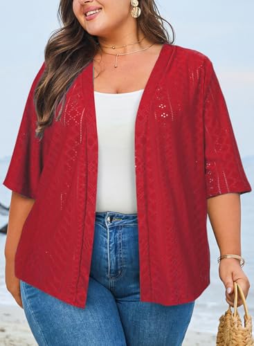 Image of Eytino Plus Size Cardigan for Women Half Sleeve Knitted Jacquard Summer Kimono Cover up Tops(1X-5X)