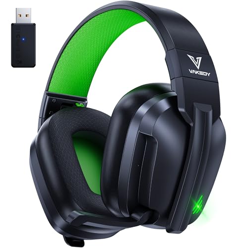 Image of Vakedy Wireless Gaming Headset for PS5, PC, PS4, Switch, Mac, 2.4GHz USB Dongle & Bluetooth 5.3 Over Ear Headphones with Noise Canceling Mic, 50mm Dynamic Driver, 50H Battery (Black /Green)