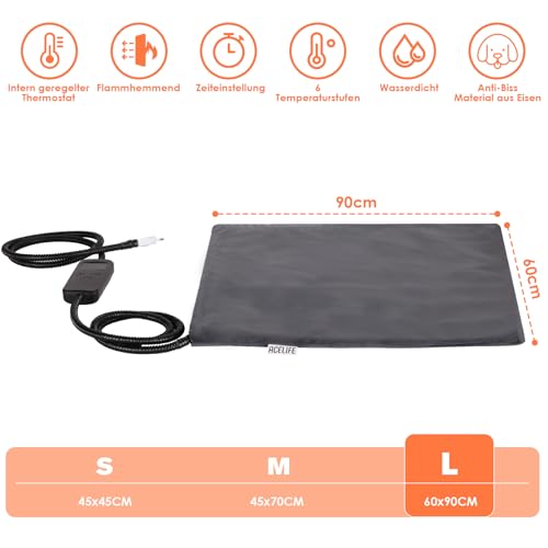 ACELIFE Haustier Heizkissen für Große Hund, Katze Heizmatte Timing & Temperatur Einstellbar Sicher Heizdecke Wärmematte Hundekissen Hundebett für Hundehütte Katzenhütte Kaninchen Haustier 60x90 cm