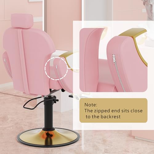 Image of Barber Salon Chair, Reclining Hair Salon Chair, 360 Degrees Swivel Styling Chair, Height Adjustable Hydraulic Shampoo Chairs, Spa Equipment (Pink)