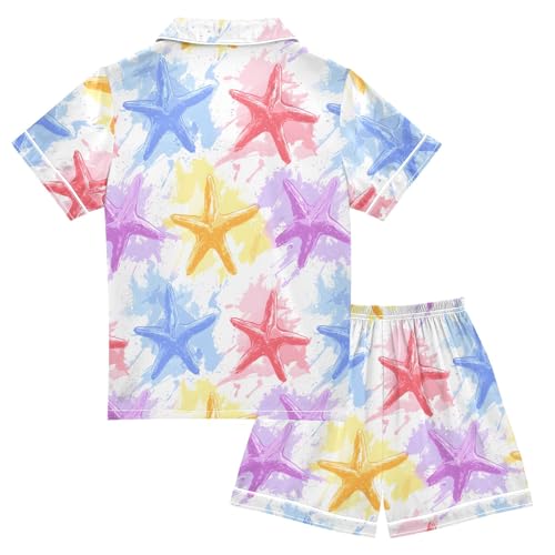 Watercolor Starfish Pattern Summer Satin Pajama Set, Cute Button-Down Sleepwear Pj Set for Sleep Wears2