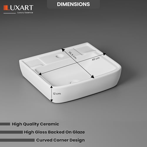 Image of LUXART Wall Mount Ceramic Wash Basin - Wall Hung Designer Vessel Sink - Bathroom Washbasin over counter For Hotel Home Living Room - Glossy Finish (15.5x13.5 Inch, White)