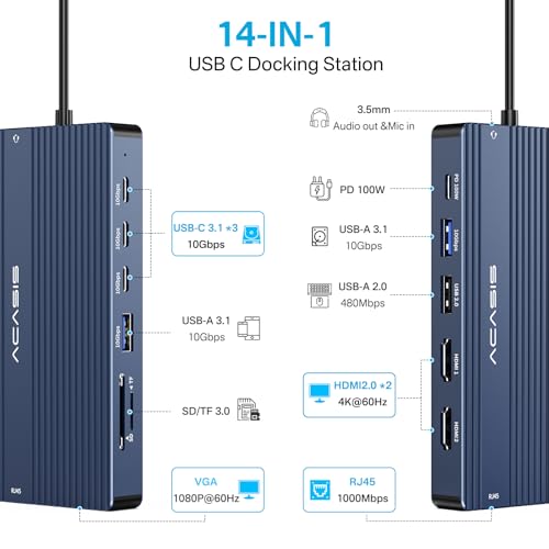 14 in 1 USB C Docking Station Dual HDMI Monitor, Laptop Docking Station Triple Display, 2*4K60 HDMI, 1080p VGA, Ethernet, 3 USBC 10Gbps,100W PD, SD/TF 3.0, Audio - For MacBook, Dell, Lenovo, Surface - Thumbnail 2