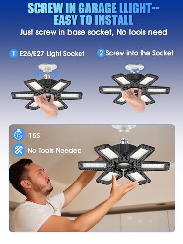 Image of 4 Pack LED Garage Lights - 180W 18000LM LED Garage Lights with 6 Adjustable Panels Daylight 6500K Deformable Bulb Garage E26 /E27 LED Shop Light for Garage Lighting