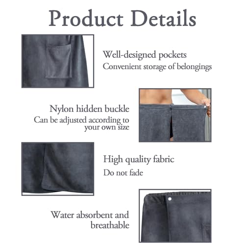 Saunakilt Herren, Verstellbar, 70 x 140 cm, Schnelltrocknendes Saunahandtuch für Sauna, Fitnessstudio, Dusche und Strand, Komfortabel und Elastisch, Ideal als Saunatuch Herren oder Duschtuch(Grau)