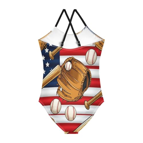 Vintage Baseball Gloves Girls One Piece Swimsuit, Beach Bathing Suits Girls 3-10 Y with Adjustable Shoulder Strap, 3-10 Y2
