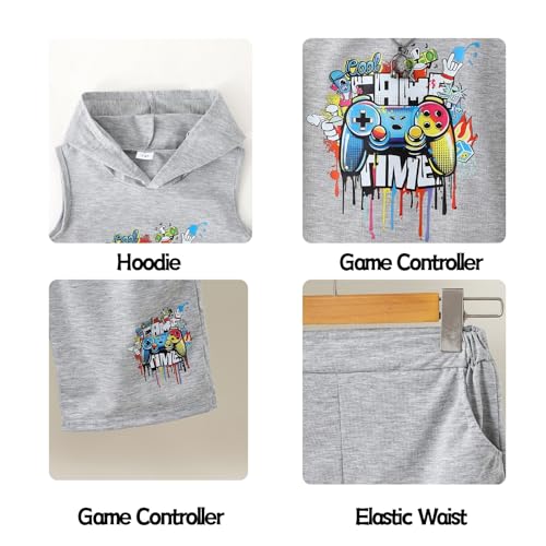 FtcoDcik Sizes 7-13 Years Boys 2 Piece Summer Outfits Hoodie Sleeveless Game Controller Tank Tops Workout Shorts(12-13Y)