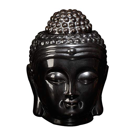Quemador de Vela de Aceite de Horno de aromaterapia Hueco de cerámica con Cabeza de Buda para Sala de Yoga o meditación (Negro)