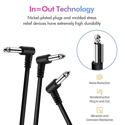 Image of 6 Pack 6 Inch Guitar Patch Cables, Black Guitar Pedal Cable Effect Cable Cord, 1 /4 inch inch TS Right Angle Guitar Patch Cable (6 INCH, 6)
