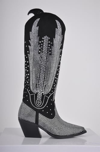 Women's Knee High Boots Cowboy Cowgirl Western Boots Rhinestone Bling Side Zipper Chunky Heel Fashion Shoes3