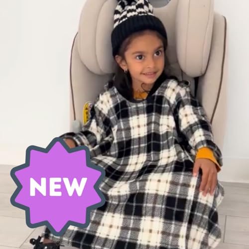 Image of Buckle Me Baby Cozy Car Seat Blankies, Sleeves, Dropped Neckline, Sherpa, Safe, Soft, Breathable, Lightweight, Navy Checks, 0-24M