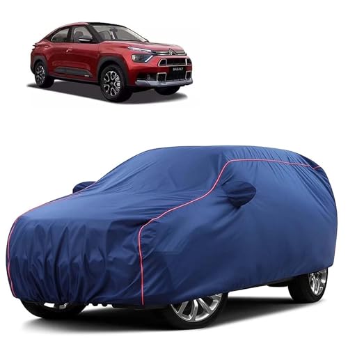 Image of Sulfar 100% Water Resistant Car Body Cover Compatible with Mirror for CITROEN Basalt (Triple Stitched, Full Bottom Elastic, Blue Tafetta with Red Piping)