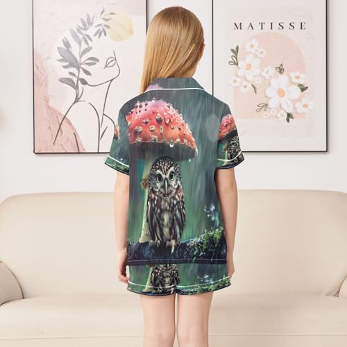 ALAZA Owl Bird Mushroom Satin Pajamas Set Short Sleeve Button Down Sleepwear Summer Pjs 2 Piece4