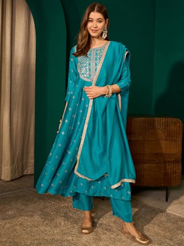 Image of Naixa Women'sSilk Embroidered Printed A-Line Kurta with Pant |Silk Laced Dupatta Set | 3 /4 Sleeve | Round Neck | Festive (Available in Plus Size)
