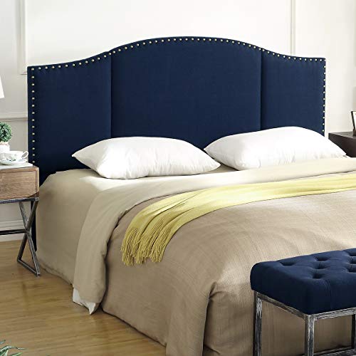 24KF Middle Century Linen Upholstered Tufted King Size Headboard with Antique Brass Nail Heads Trim...