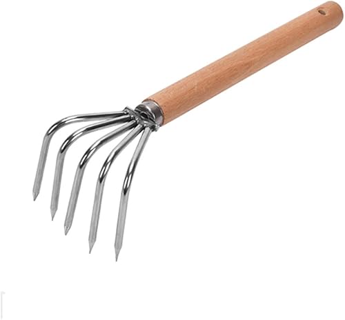 Rastrillo de jardín cultivador de mano herramienta de jardín garra de acero inoxidable con mango de madera, 5 dientes, rastrillo de almeja,