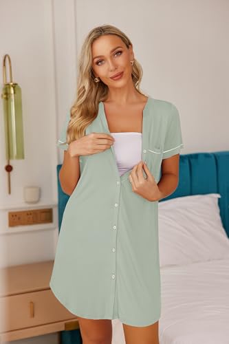 Image of Ekouaer Nightgowns for Women Button Down Night Gowns Short Sleeve Sleep Shirt V Neck Nightshirt Soft Sleepwear Pajams Dress