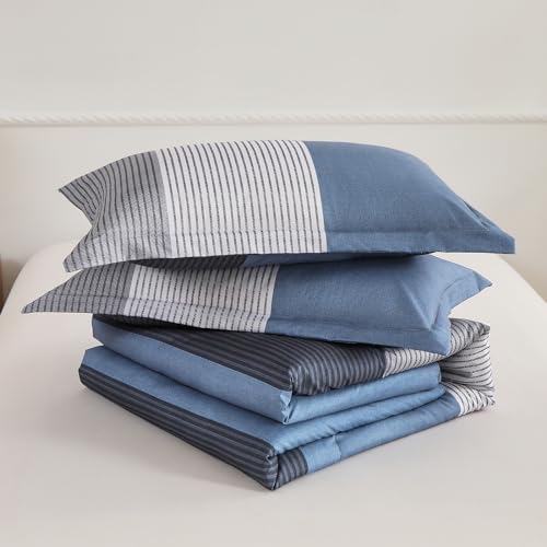 Edredón de microfibra suave reversible de 3 piezas con rayas azules para cama 8