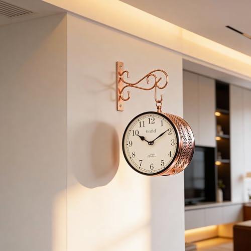 Image of CRAFTEL Double Sided Station Wall Clock Electroplated | Analog Numerals | Aluminum Matte-Finish Dial Brass Body | Handcrafted Jodhpur Gift for Home | Dial - 8 Inches, Rose Gold | 365 Days Warranty