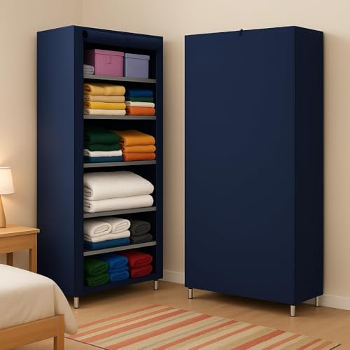 Image of AWTATOS Multipurpose Collapsible Wardrobe Cabinet | Foldable Fabric Organizer with 6-9 Shelves | Portable Clothes Storage Rack for Bedroom, Home & Office (Blue, 6 Layer)