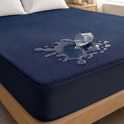 Image of Lukzer Waterproof Mattress Protector Blue King Size 72 x 72 Inches (6 x 6 ft) Ultra Soft Terry Cotton Feel Fabric with Elastic Skirting Hypoallergenic and Breathable Mattress Cover