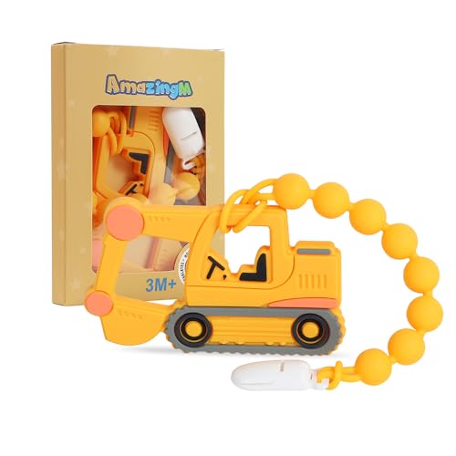 Image of Baby Food Grade Silicone Carrier Vehicle Teether Toy with Pacifier Clip Holder,Teething Toys Gift Set for 3 Months+ Boys and Girls,Freezer Safe,BPA Free. (Excavator)
