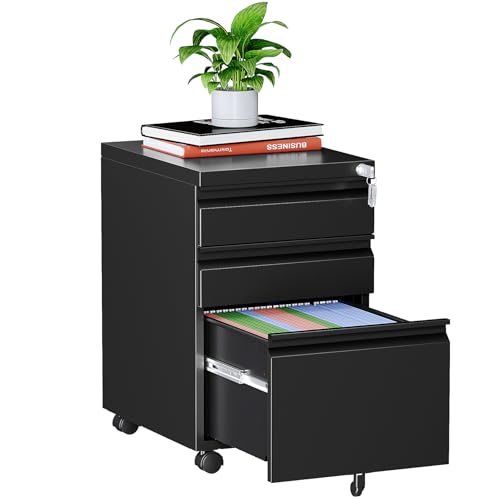 Image of MIIIKO 3 Drawer File Cabinet on Wheels, Home Office Mobile File Cabinet Under Desk, Full Assembled Metal Filing Cabinets with Lock for Legal /Letter /A4 File Folders