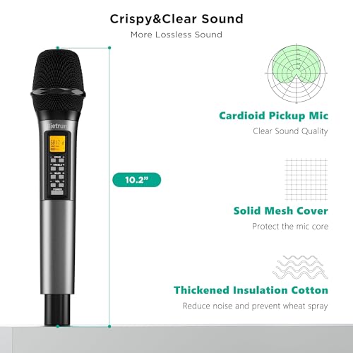 Bietrun 4 Channel Wireless Microphone with Echo/Treble/Bass, 160 ft UHF Range, 4 XLR+1/4‘’Output, Metal Cordless Handheld Dynamic Mics System for Wedding, Church, Karaoke, Singing, DJ(Auto Connect)