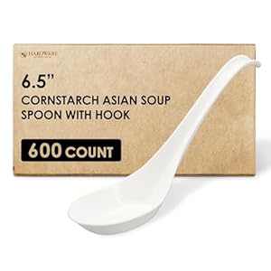 [600 COUNT] HAKOWARE Disposable Large Asian Soup Spoons with Hook, made from Crystalized Cornstarch, for Take-out Ramen Pho Noodles, Disposable Utensils Bulk Size Durable