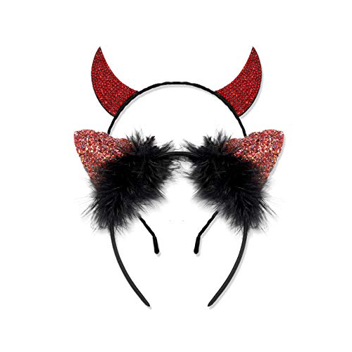 LENOOCLE Halloween Headbands for Women Glitter Sequin Cat Ears Headband Rhinestone Horns Headband Halloween Hair Hoop Hairwear Jewelry (Red Horn&Cat Ears)