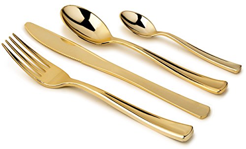 400-Piece Plastic Silverware Flatware Combo, Heavy Duty Looks Like Gold Cutlery – Set Includes 100 Forks, 100 Knives, 100 Soup Spoons, 100 Dessert Spoons, Total of 100 Place Settings