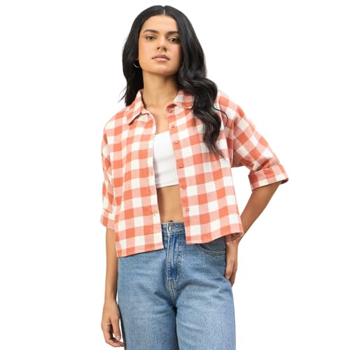 Image of Chimpaaanzee Women Checks Half Sleeve Crop Shirt