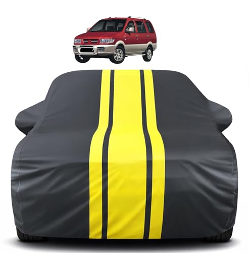 Image of Auto Hub Car Cover Compatible with Chevrolet Tavera with Mirror Pocket, Soft Cotton Lining, Tavera Car Cover Waterproof - Yellow-Black