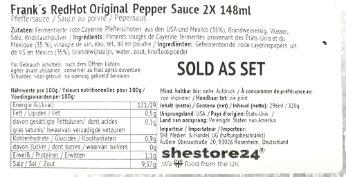 Frank´s RedHot Original Pepper Sauce Scharfe Pfeffersoße mit Cayenne Pfefferschoten 2X 148ML – importiert von Shestore24
