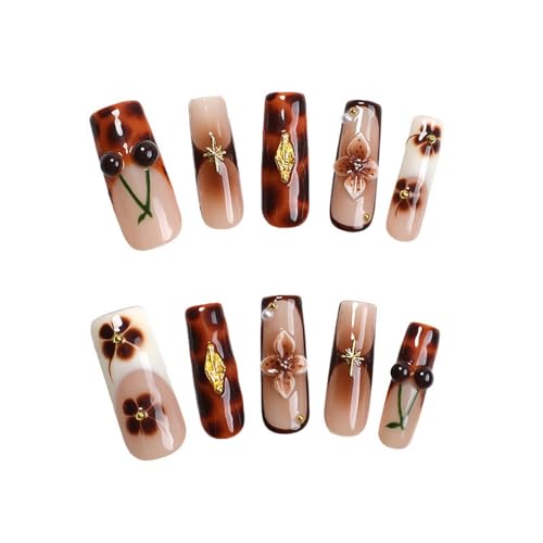 Brown French Tip Press on Nails Long Coffin Fake Nails Handmade Press on Nails 3D Luxury Flower and Cherry Embossed Designs Muti-Layer Gel Thick False Nails Glossy Acrylic Nails for Women (Size S) — view 5