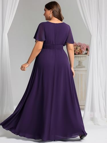 Image of Ever-Pretty Plus Elegant Formal Dresses for Curvy Women Round Neck Short Sleeves Chiffon Bridesmaid Mother of The Bride Dress