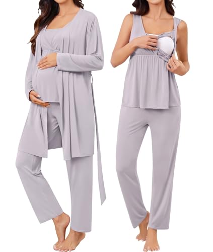 Image of SWOMOG Maternity Nursing Robe Set 3 Piece Breastfeeding Pajamas 3 in 1 Labor Delivery Sleevless Tops&Long Pants Pregnancy Pjs
