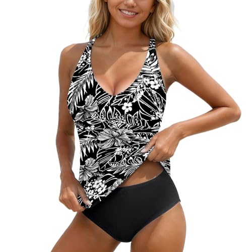 Damen Badeanzug, Zweiteiliger Mit Blumenmuster: Tankini- Oberteil Hochgeschnittenes Höschen, Lässiger Sommer- Stil