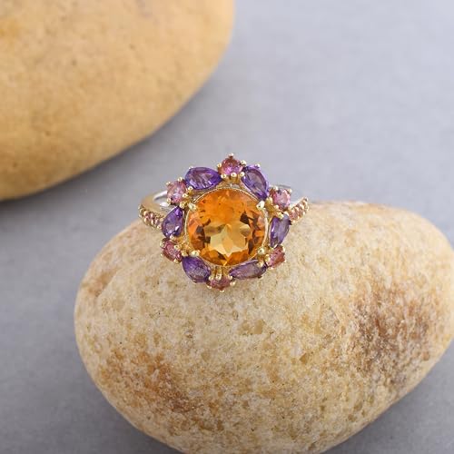 Bague plaquée or ajustable taille 54 avec citrine et améthyste
