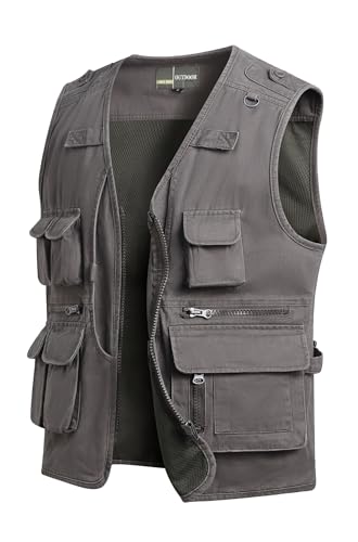 MeiLayM Herren Outdoor Weste Anglerweste mit Multi-Taschened Sommer Freizeit Baumwolle Weste Hundeweste Leicht Safari Weste Fotografie Weste Camping Wandern Ärmellos Jacke Grau,XL