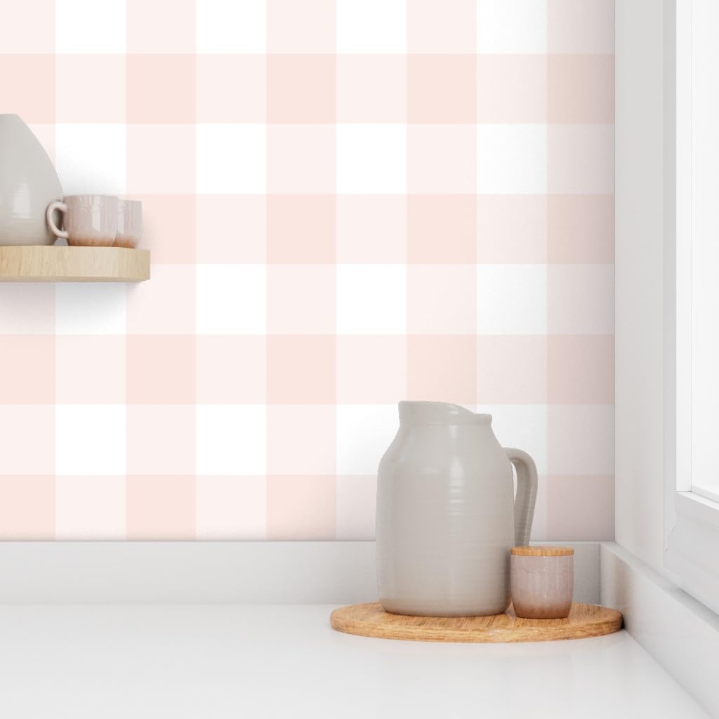 Peel & Stick Wallpaper 3ft x 2ft - White Gingham Check Plaid Pink Buffalo Large Blush Minimalist Custom Removable Wallpaper by Spoonflower