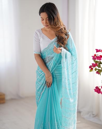 Image of SIRIL Women's Shimmer Chiffon Sequence Embroidery Saree With Unstitched Blouse Piece for Wedding and Parties