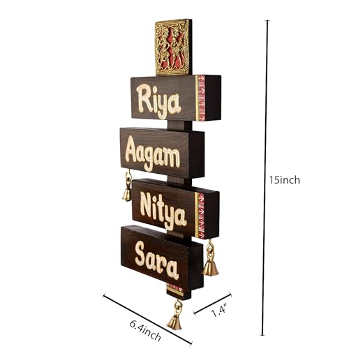 Image of Aakriti Art Creations Family Stack Handcrafted Dhokra Brass Art Solid Wood Nameplate for Home Entrance | Door Name Plate for Home | Customized Name Plate for Home | Name Plate for House
