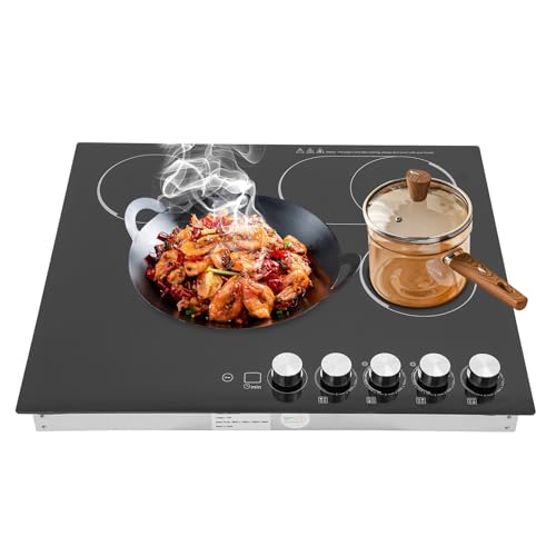 4 Burners Electric Cooktop, 24 Inch 3400W Electric Ceramic Cooktop Built-in Electric Stove Top with 5 Heating Levels, Kid Safety Lock and Timer, 110V for Hard Wire (No Plug)